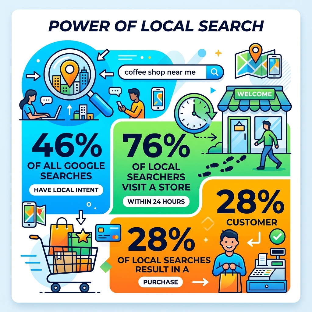 local search statistics infographic showing 46% local intent 76% visit within 24 hours and 28% purchase rate - local seo