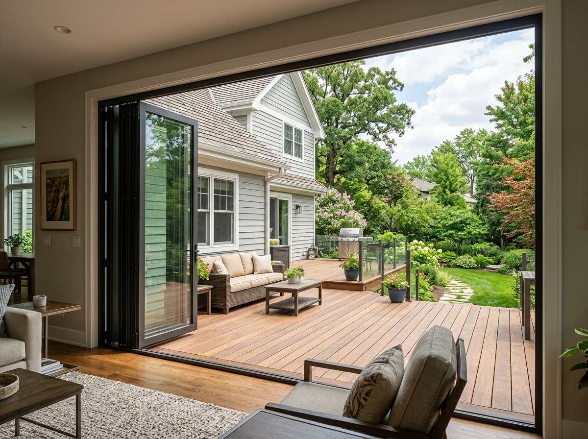 Multi-panel folding door system creating a wide opening to a patio - folding patio door install Crystal Lake