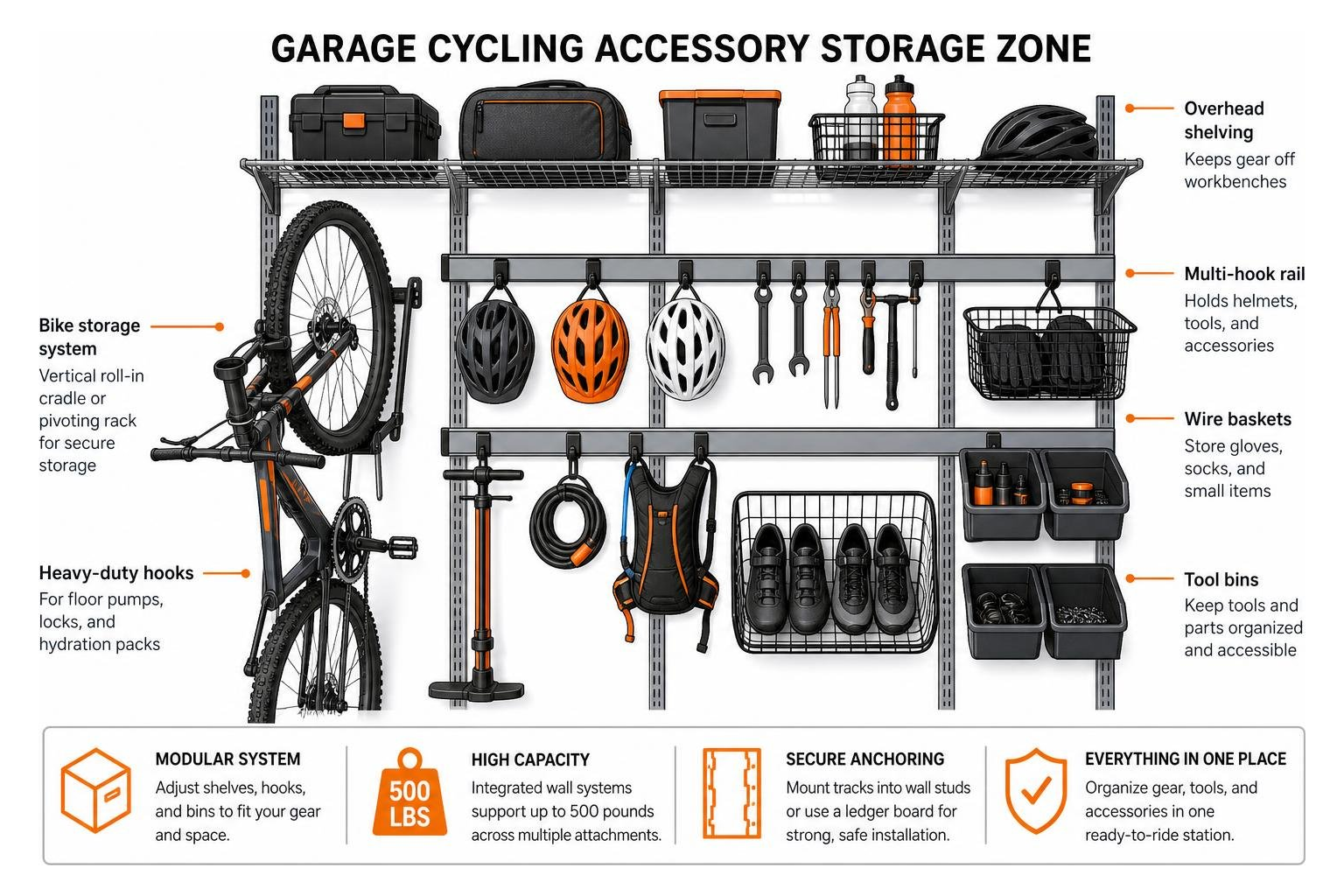 Diagram showing garage cycling accessory storage zone with modular shelving, hooks, and tool bins Diagram showing garage cycling accessory storage zone with modular shelving, hooks, and tool bins
