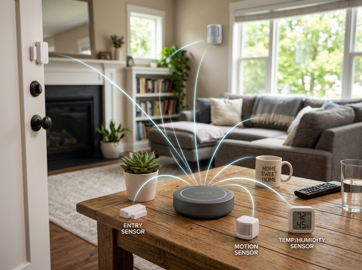 Smart sensors connecting to a central puck hub - smart home devices hub