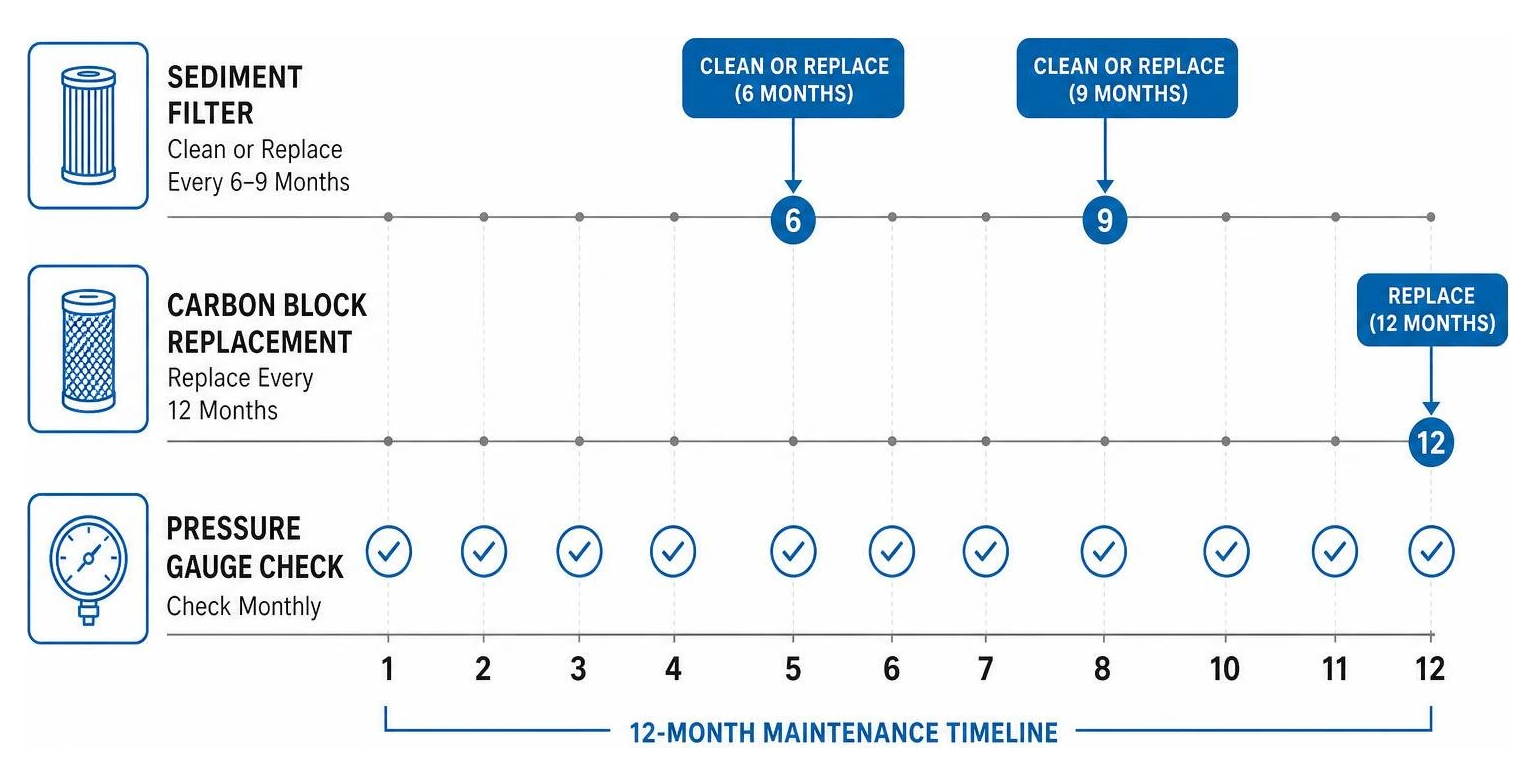Diagram showing a typical 12-month maintenance timeline including sediment filter cleaning, carbon block replacement, and Diagram showing a typical 12-month maintenance timeline including sediment filter cleaning, carbon block replacement, and