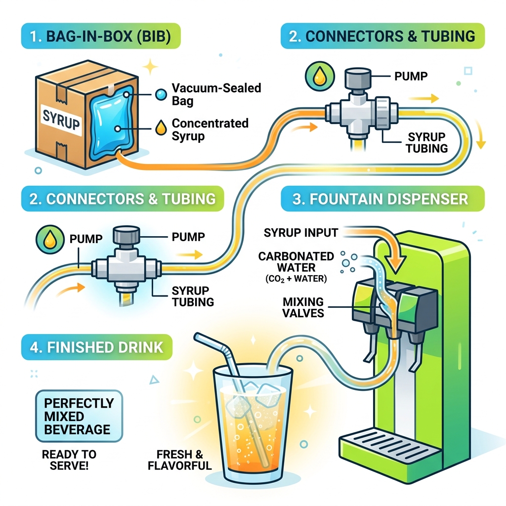 Infographic showing BIB syrup flow from bag-in-box through connectors to fountain dispenser to finished drink - Syrup for Infographic showing BIB syrup flow from bag-in-box through connectors to fountain dispenser to finished drink - Syrup for