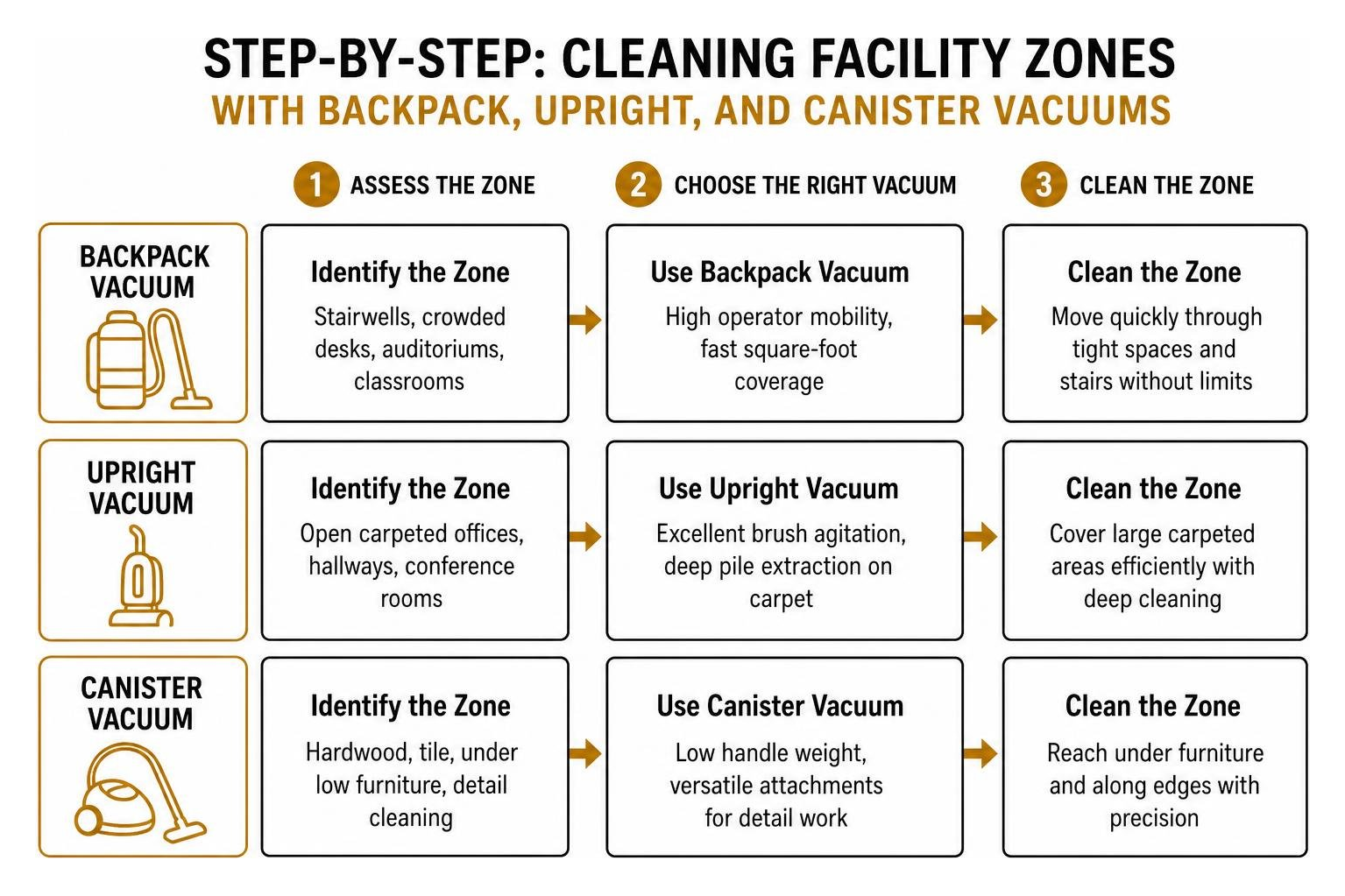 Step-by-step process of cleaning facility zones with backpack, upright, and canister vacuums Step-by-step process of cleaning facility zones with backpack, upright, and canister vacuums