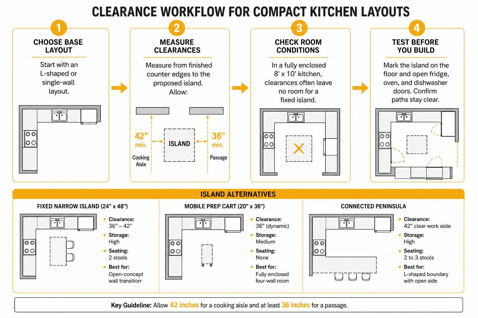 clearance workflow diagram for compact kitchen layouts