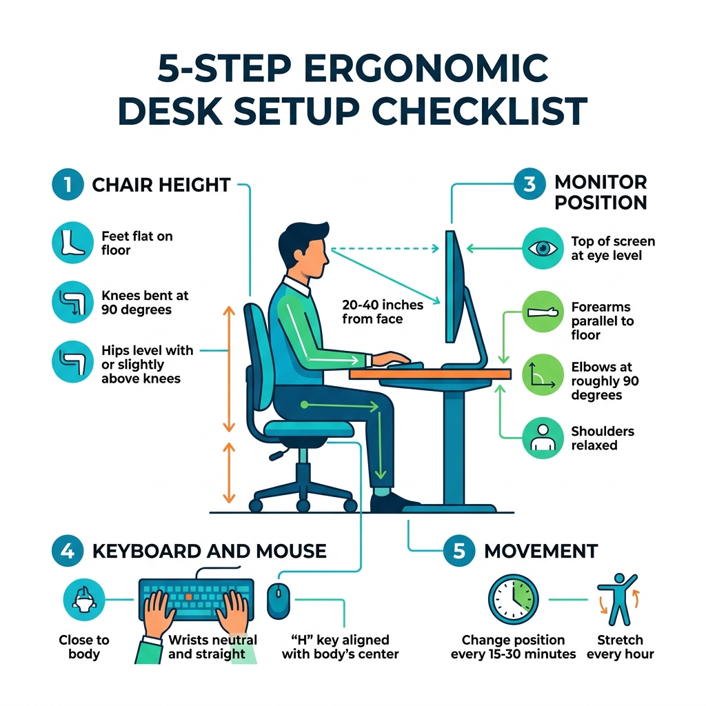 5-step ergonomic desk setup checklist infographic - how to set up your desk ergonomically infographic 