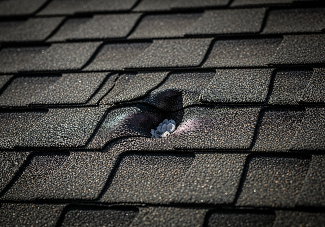 High-quality close-up photo of hail impact on a shingle - roofing contractors and insurance claims