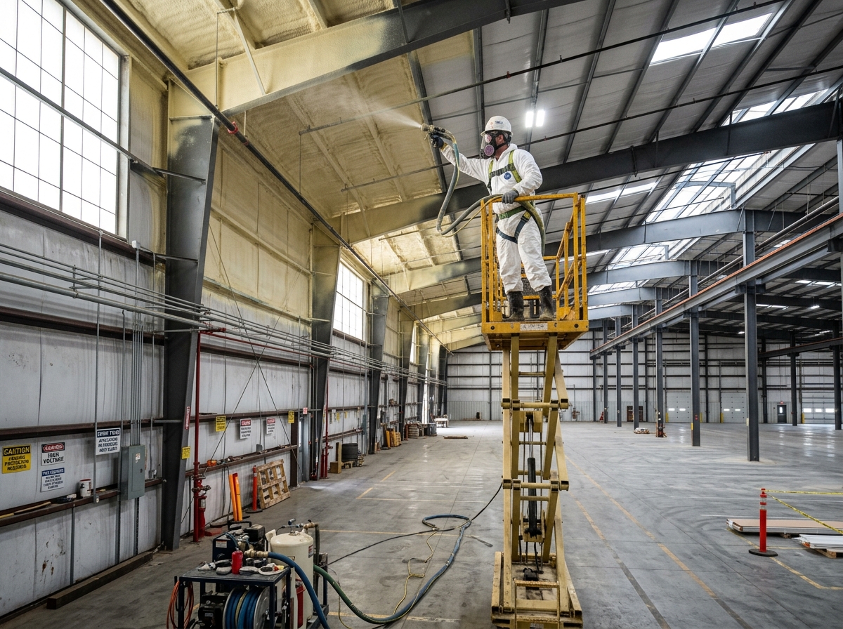 professional spray foam application in a large warehouse facility - commercial insulation contractors near me
