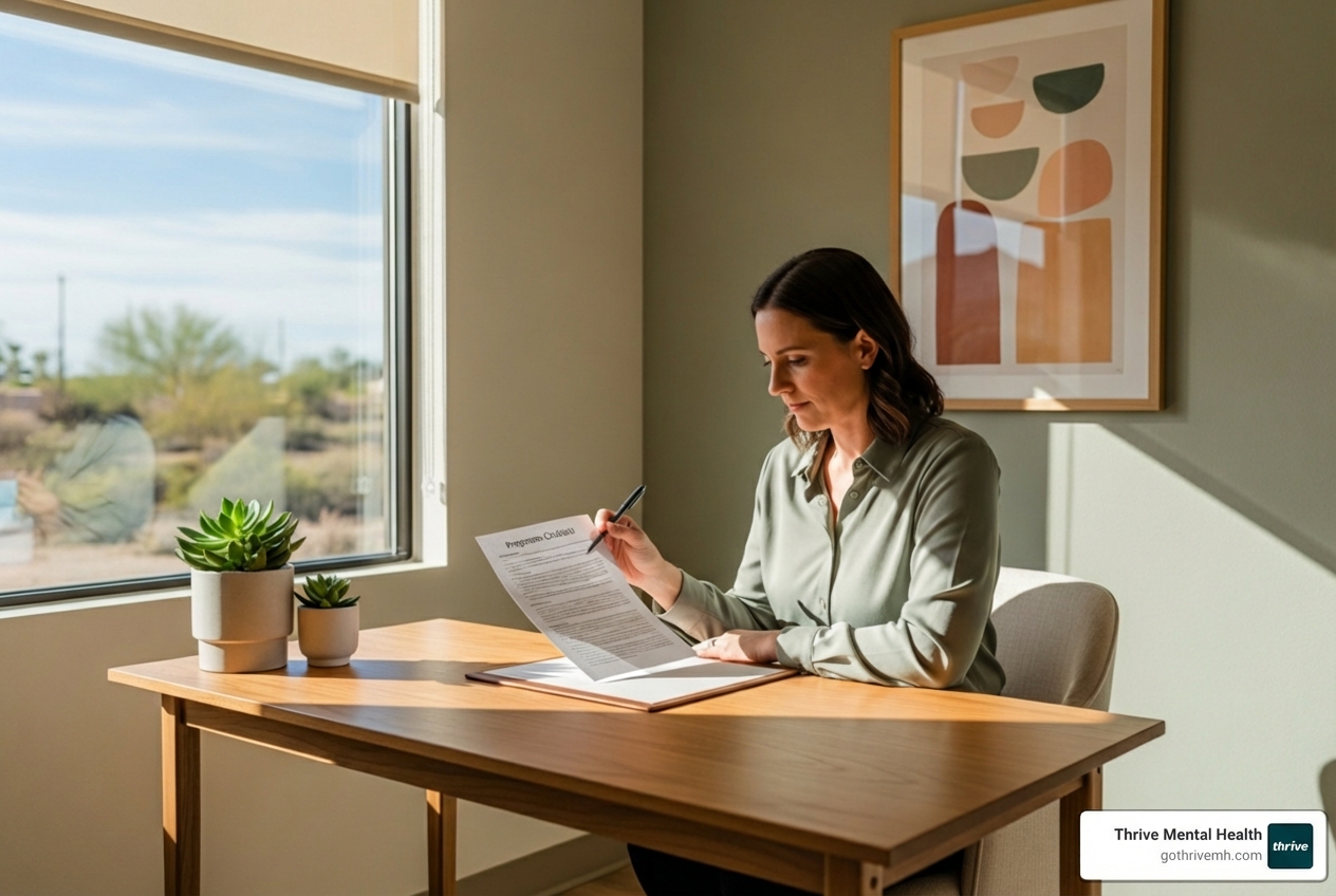 Adult reviewing IOP program checklist in a Florida therapy office - compare iop programs adults florida