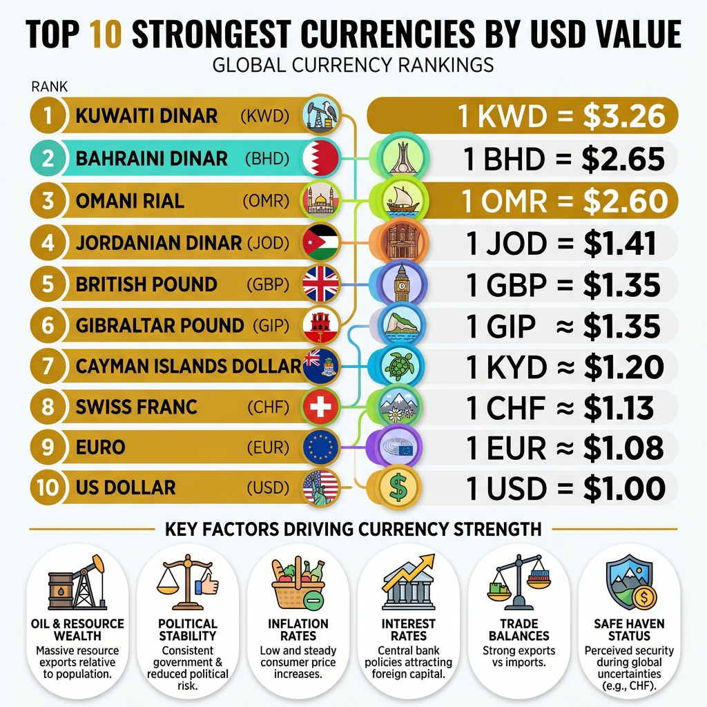infographic showing top 10 strongest currencies by USD value and key factors driving currency strength - Currency ranking in