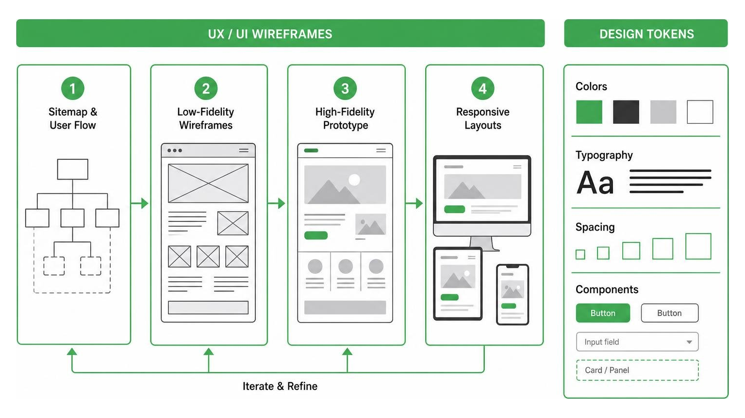 UX/UI wireframes and design tokens diagram UX/UI wireframes and design tokens diagram