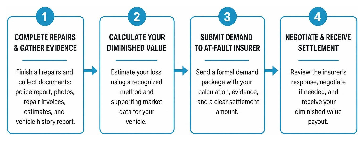 Diagram of the 4 step diminished value claim filing process