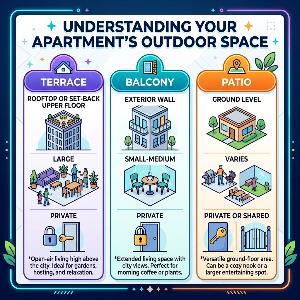 Infographic comparing terraces, balconies, and patios: size, location, and access differences - apartment with terrace