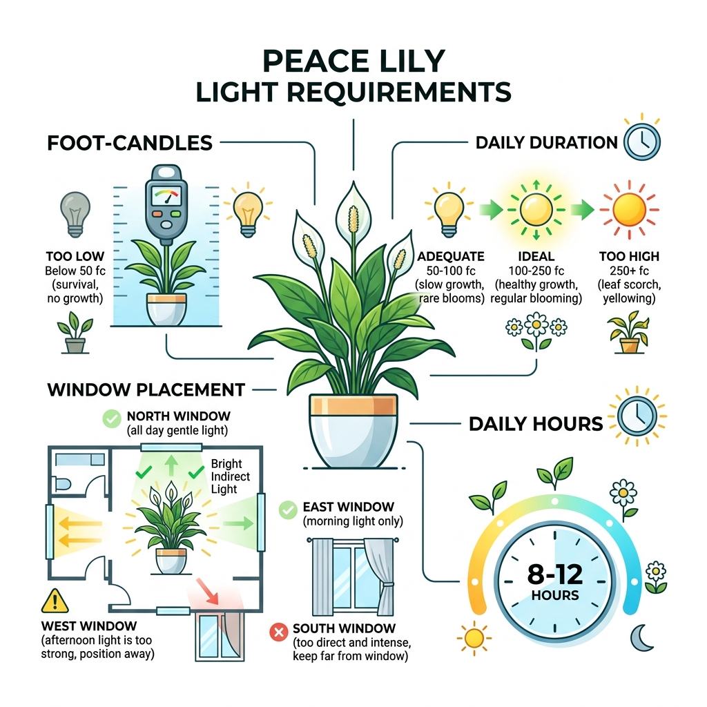 Peace lily light requirements infographic: foot-candles, window placement, daily hours - peace lily light requirement Peace lily light requirements infographic: foot-candles, window placement, daily hours - peace lily light requirement