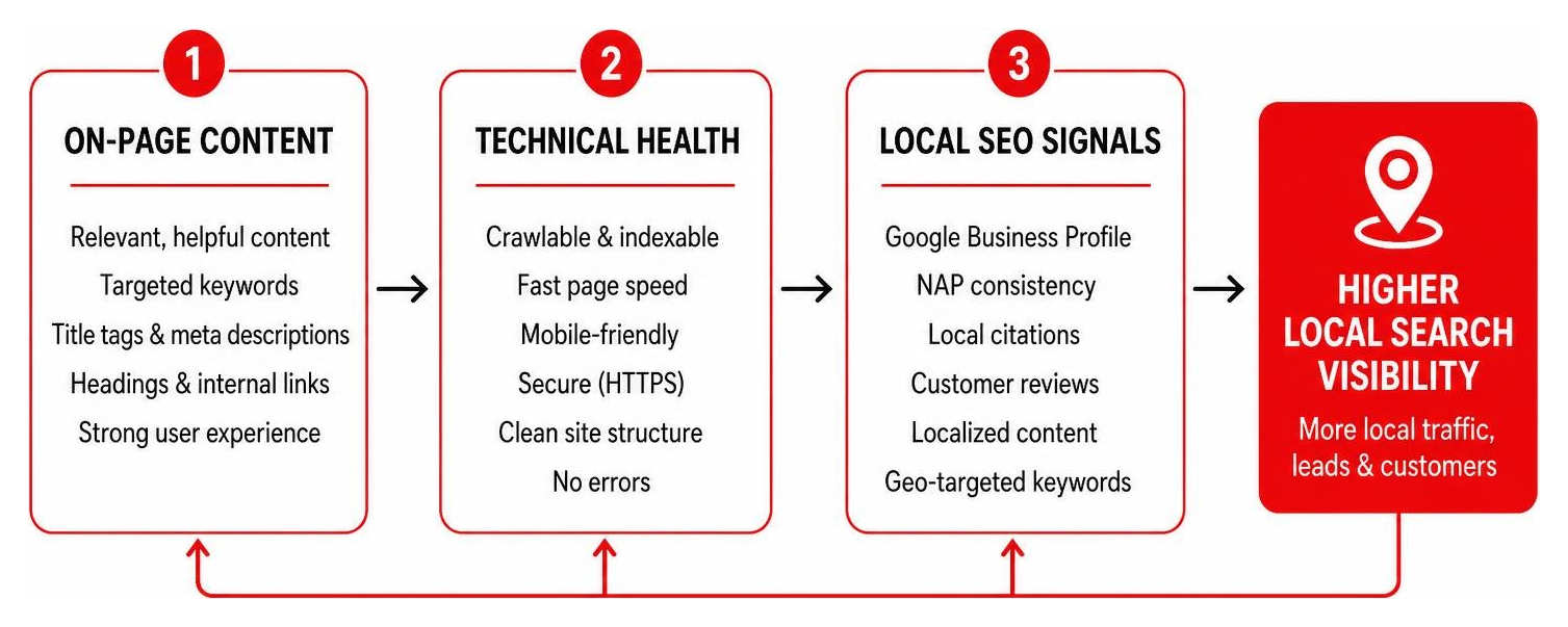 diagram of the relationship between on-page content, technical health, and local search visibility