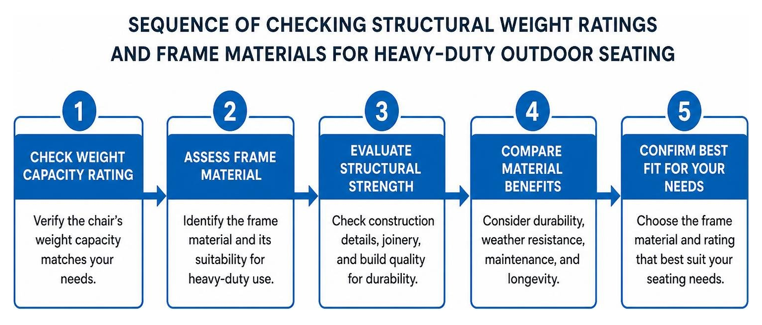 Sequence of checking structural weight ratings and frame materials for heavy-duty outdoor seating Sequence of checking structural weight ratings and frame materials for heavy-duty outdoor seating