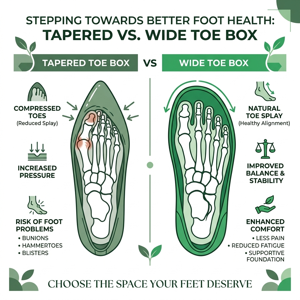 Infographic comparing tapered vs wide toe box shoe shapes and their effects on toe splay and foot health - wide box toe