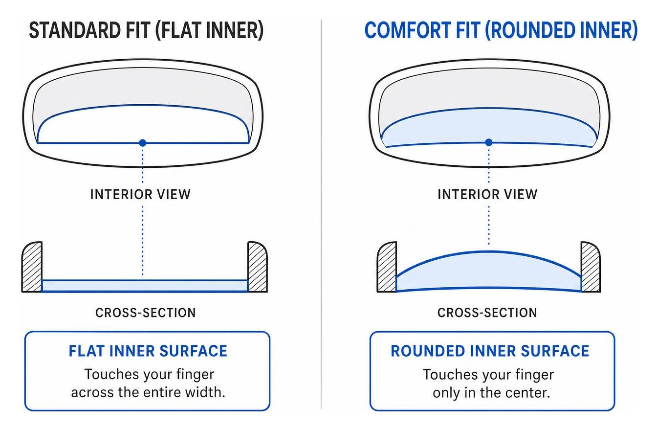 Diagram showing the interior curve of a comfort fit ring versus a flat standard fit ring Diagram showing the interior curve of a comfort fit ring versus a flat standard fit ring