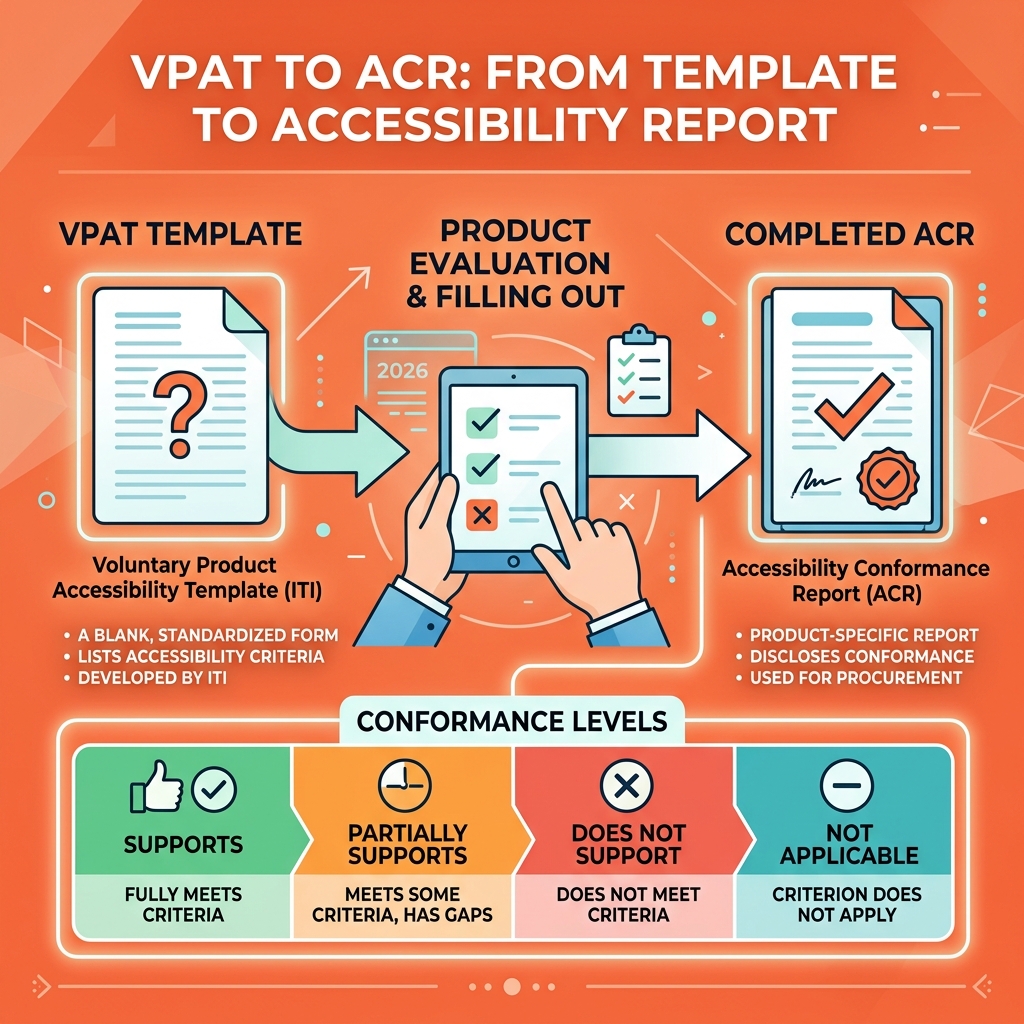 Infographic showing the relationship between VPAT template and completed ACR with conformance levels: ADA VPAT Infographic showing the relationship between VPAT template and completed ACR with conformance levels: ADA VPAT