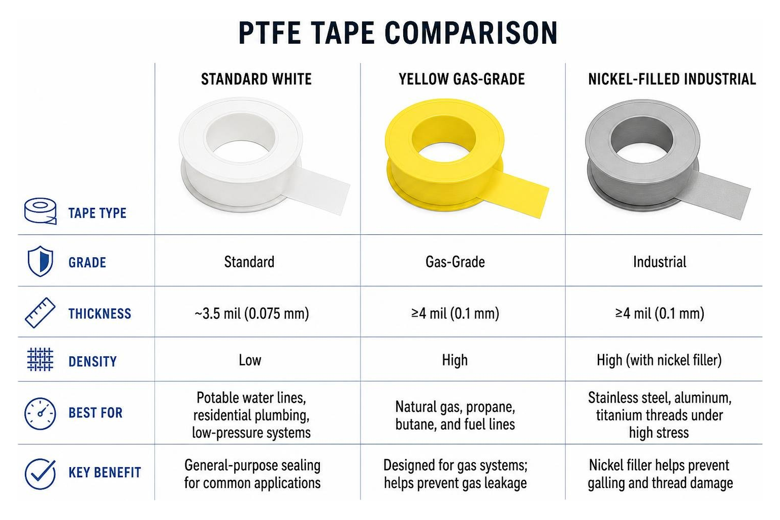 Comparison diagram showing standard white, yellow gas-grade, and nickel-filled industrial PTFE tapes