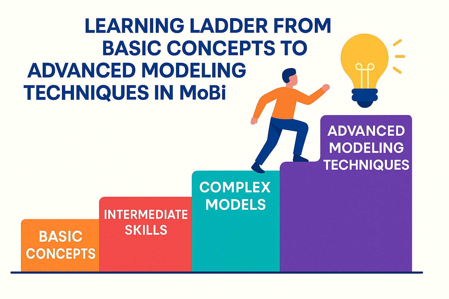 Learning ladder from basic concepts to advanced modeling techniques in MoBi - mobi model infographic 