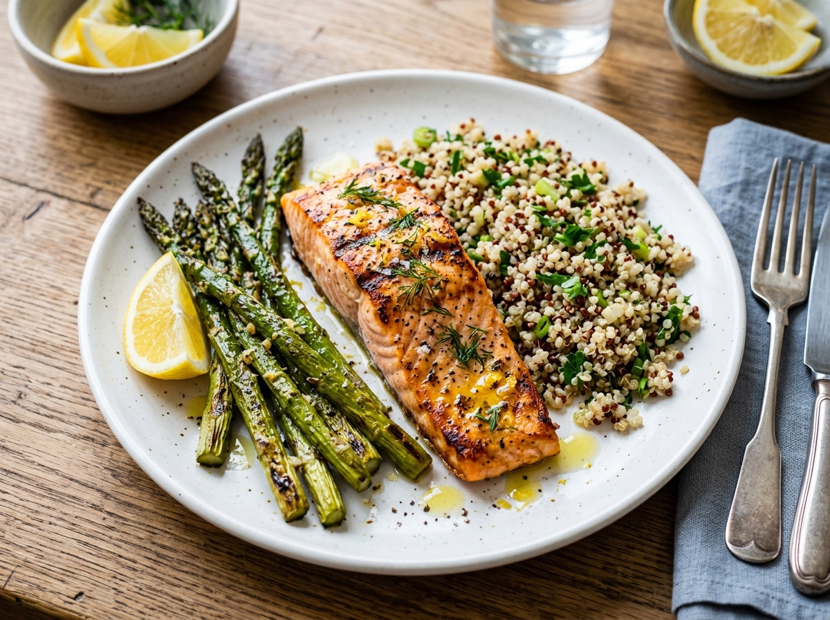 A balanced meal prep plate with grilled salmon, roasted asparagus, and quinoa - balanced meal prep ideas A balanced meal prep plate with grilled salmon, roasted asparagus, and quinoa - balanced meal prep ideas