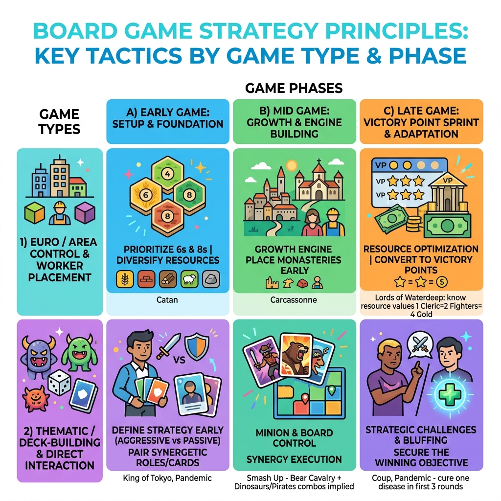 Board game strategy principles infographic: key tactics by game type and phase - board game strategy guides infographic Board game strategy principles infographic: key tactics by game type and phase - board game strategy guides infographic