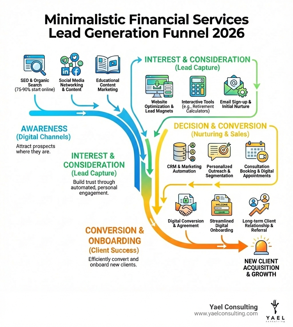 infographic showing the modern financial services lead generation funnel from awareness through digital channels to conversion and client onboarding - lead generation for financial services infographic infographic showing the modern financial services lead generation funnel from awareness through digital channels to conversion and client onboarding - lead generation for financial services infographic