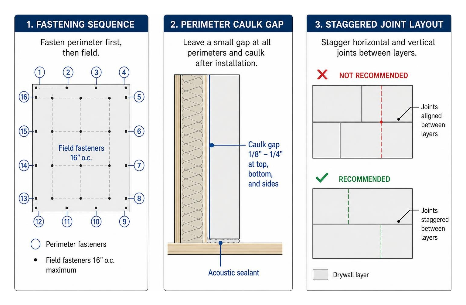 Diagram showing drywall fastening sequence, perimeter caulk gap, and staggered joint layout Diagram showing drywall fastening sequence, perimeter caulk gap, and staggered joint layout