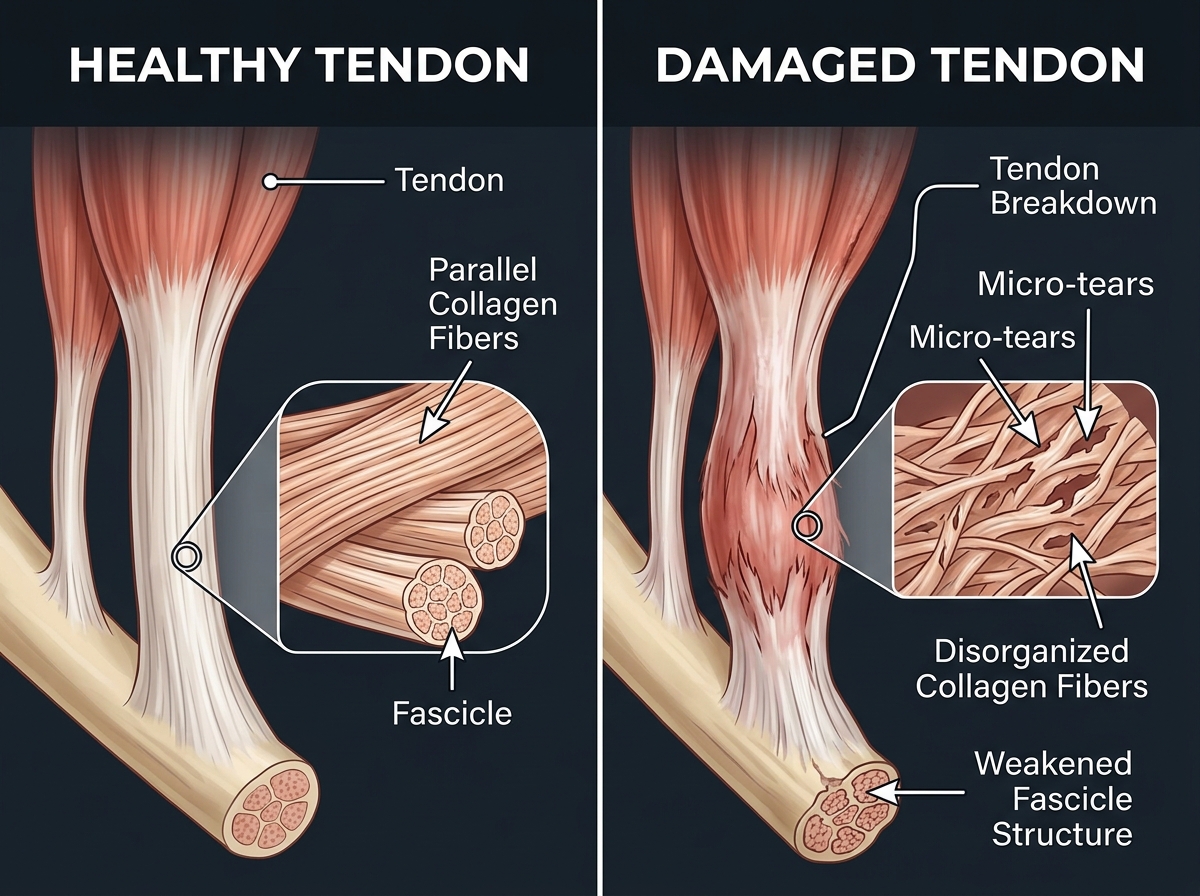 Diagram showing healthy tendon vs damaged tendon with collagen breakdown - do you use heat or ice for tendonitis