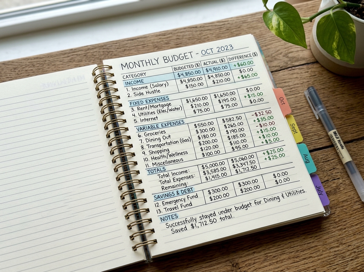 completed monthly budget page in a planner - budget planner notebook
