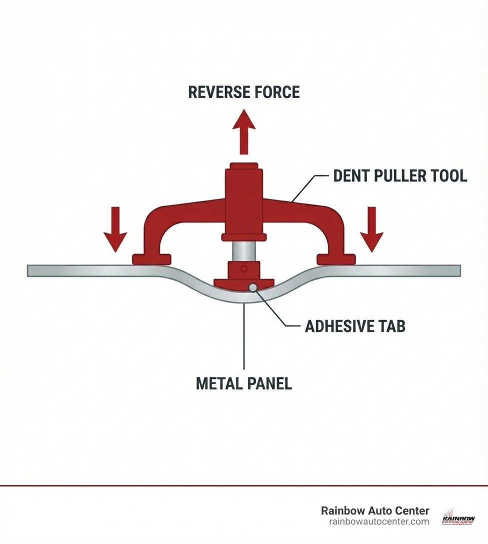 Infographic showing cross-section of a car panel with a dent, illustrating how a dent puller applies reverse force to restore the metal to its original shape, with arrows showing the pulling direction and labels for the dent puller tool, adhesive tab, and metal panel - auto dent pullers infographic 