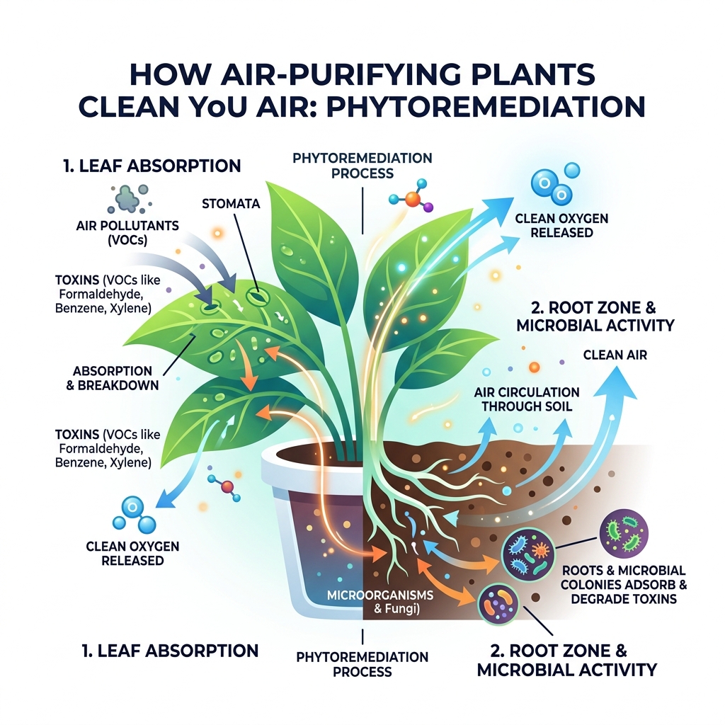 Infographic showing how air-purifying plants absorb toxins through leaves and roots via phytoremediation - air purifying
