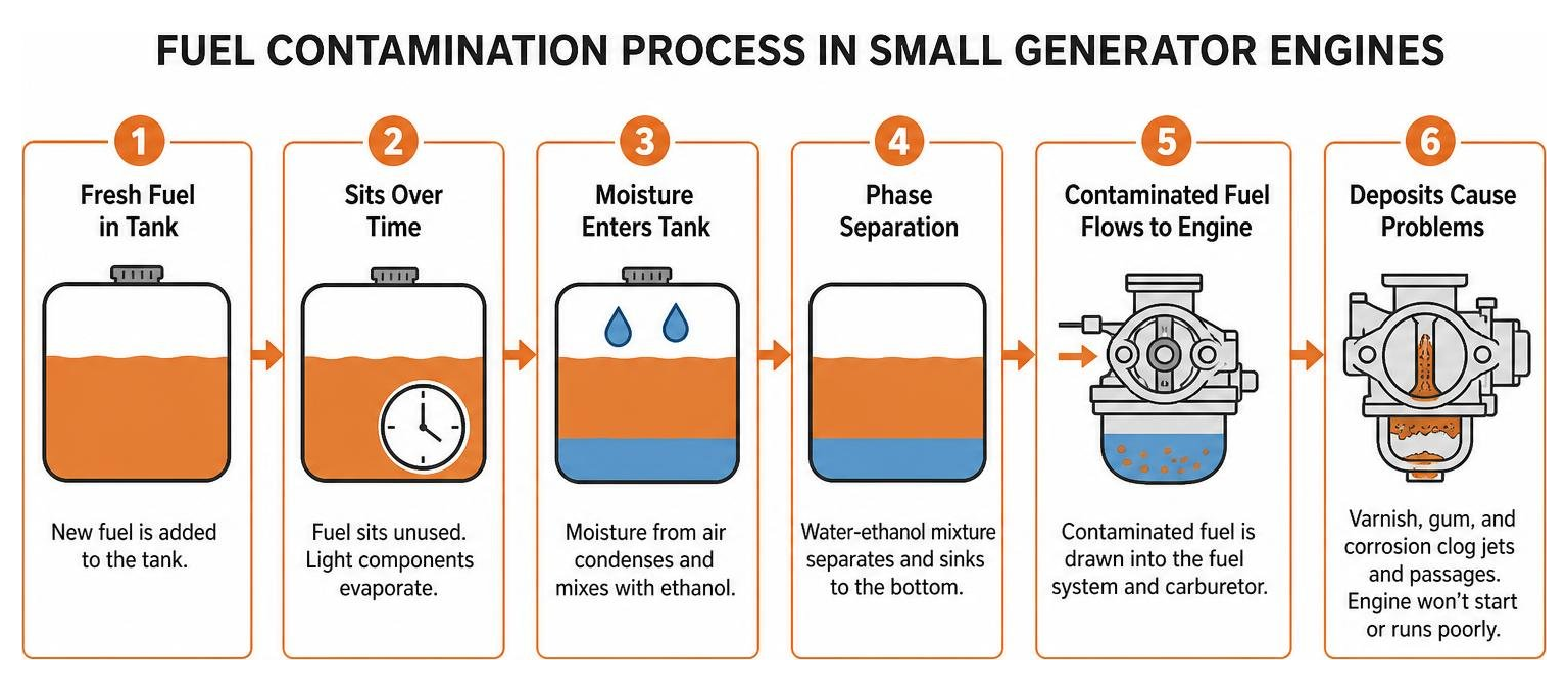 Fuel contamination process in small generator engines