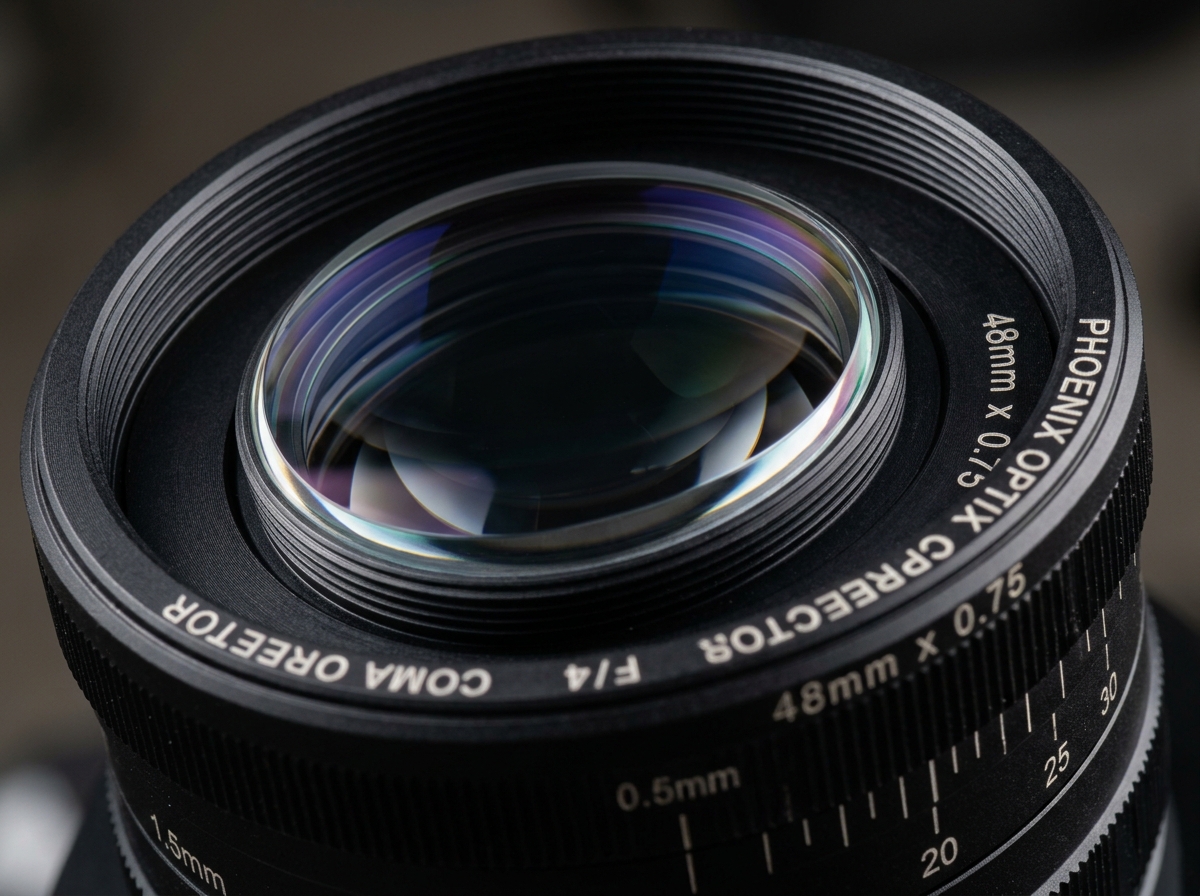 Close up of lens edge blackening and multi-coatings on a professional coma corrector - coma corrector lens edge