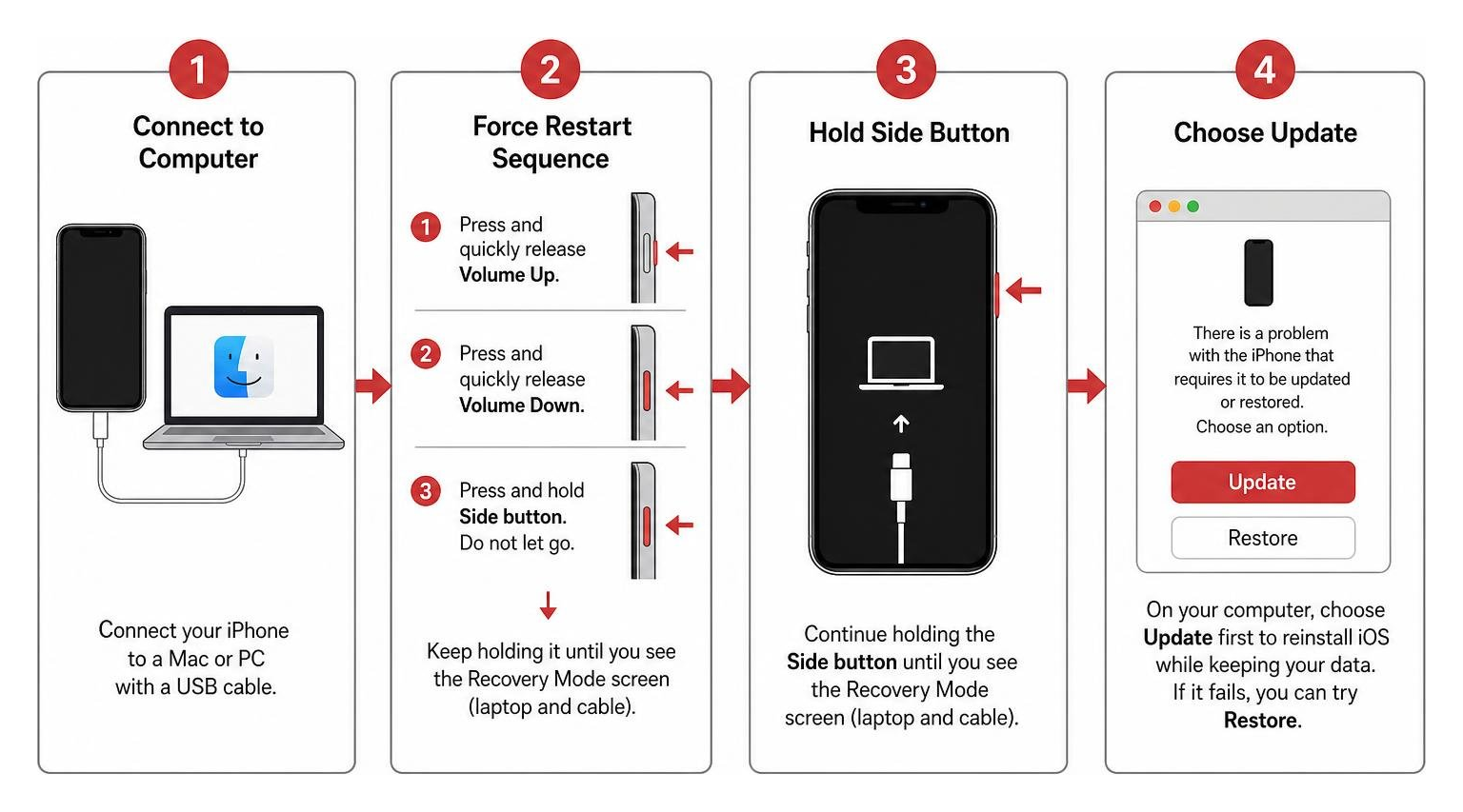 Process of putting an iPhone into Recovery Mode: connect to computer, force restart sequence, hold side button, choose Update Process of putting an iPhone into Recovery Mode: connect to computer, force restart sequence, hold side button, choose Update