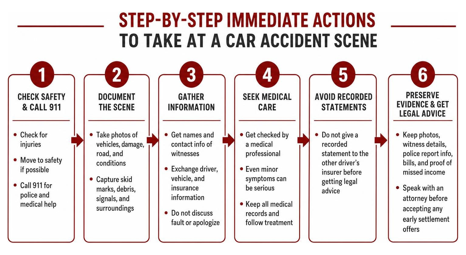 Step by step immediate actions to take at a car accident scene Step by step immediate actions to take at a car accident scene