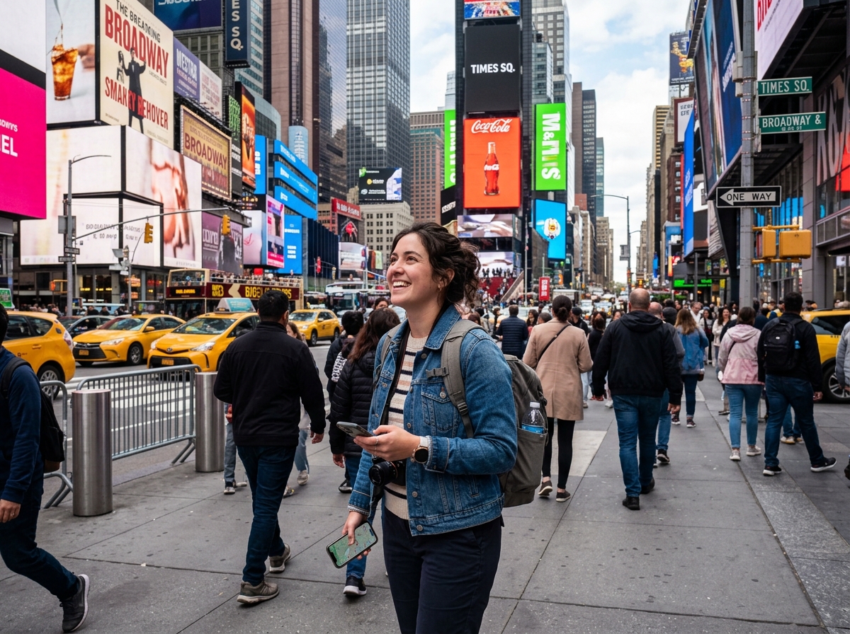 Traveler using a small daypack while sightseeing in a busy city - best foldable backpack carryon