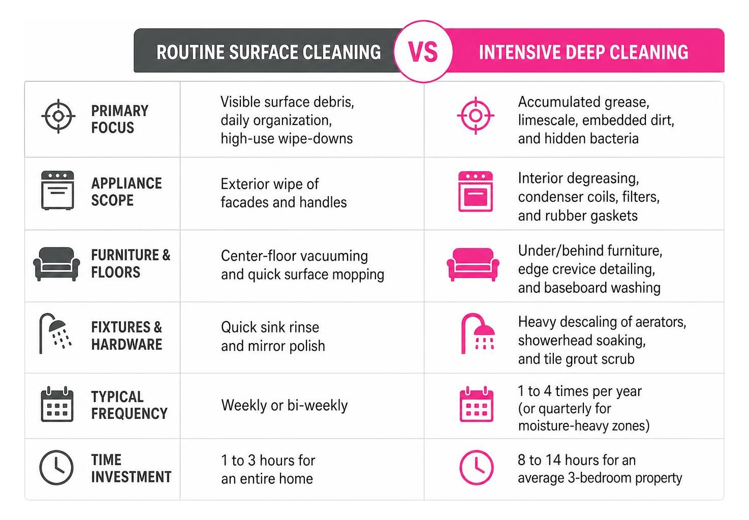 Comparison between routine surface cleaning and intensive deep cleaning Comparison between routine surface cleaning and intensive deep cleaning