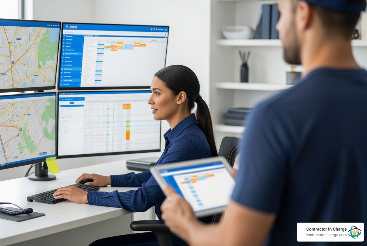 Infographic showing the complete dispatch workflow: incoming customer call is answered 24/7, dispatcher qualifies the lead and gathers job details, appropriate technician is selected based on location and expertise, job is scheduled with optimized routing, customer receives confirmation and updates, technician arrives on time with all necessary information, job is completed and documented, follow-up communication ensures satisfaction, and data flows back to business management systems for reporting and billing - best dispatch in grand rapids, mi