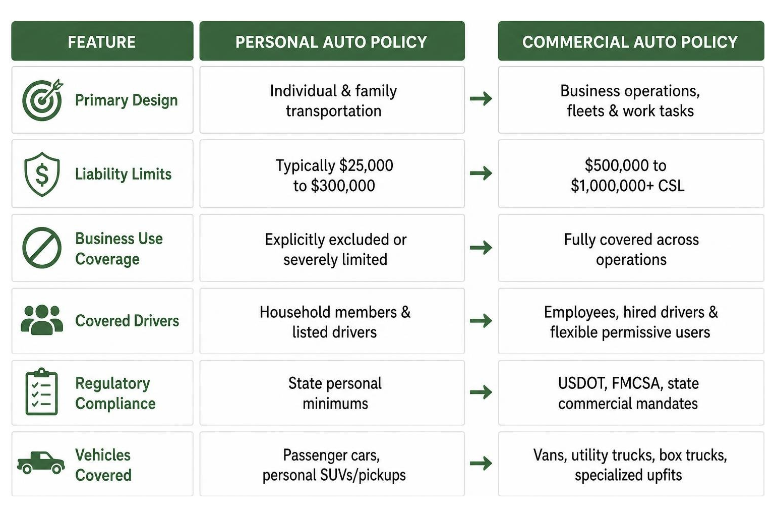 Comparison of personal auto limits vs commercial auto policy coverage structures