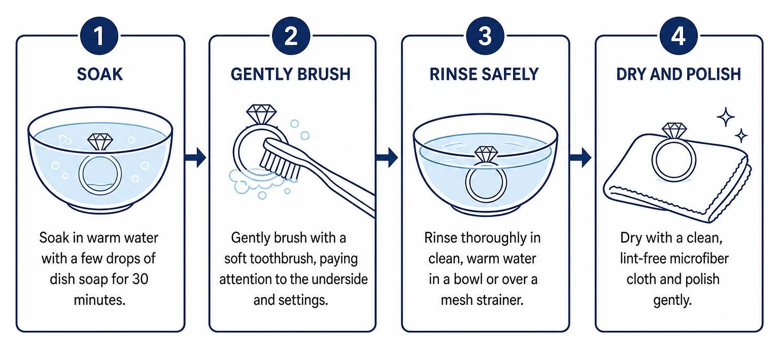 Step-by-step diamond ring cleaning workflow diagram