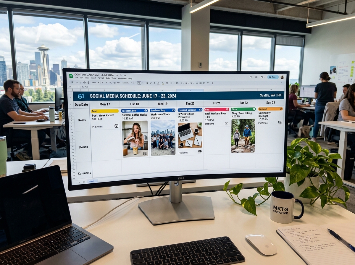 Digital content calendar displaying a mix of scheduled Reels, Stories, and carousel posts - facebook post scheduling