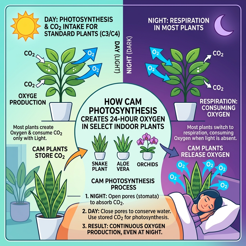 Infographic showing 24-hour oxygen cycle and CAM photosynthesis in indoor plants - 24 hour oxygen indoor plant infographic 
