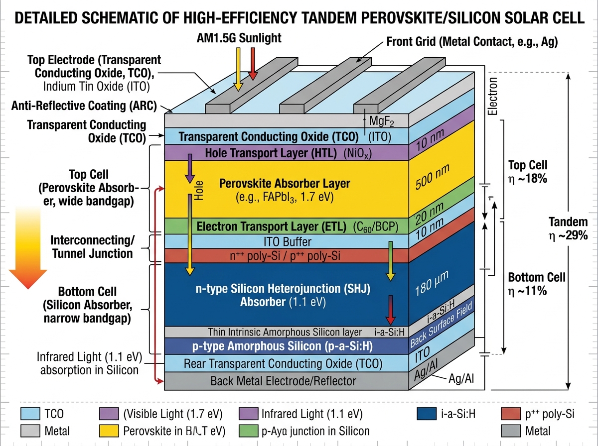 Schematic of a high-efficiency tandem solar cell structure layering perovskite and silicon - latest green energy technology