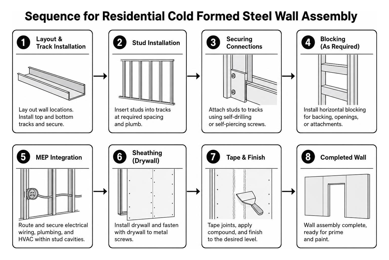 Sequence for residential cold formed steel wall assembly Sequence for residential cold formed steel wall assembly