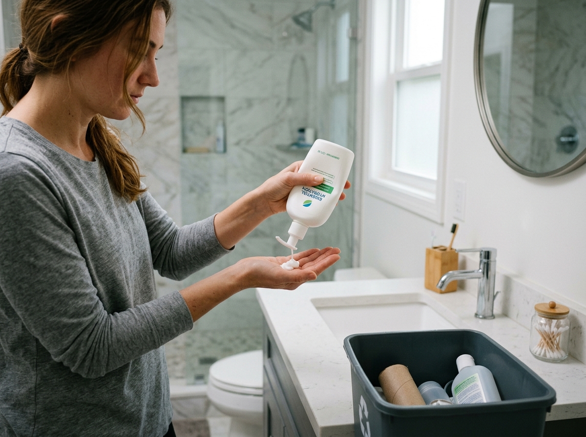A person finishing the last drop of a beauty product before recycling the bottle - zero waste beauty tips A person finishing the last drop of a beauty product before recycling the bottle - zero waste beauty tips