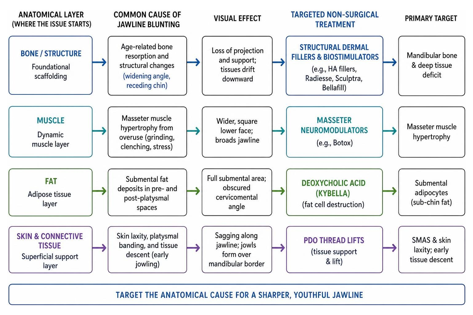 Comparison diagram of non-surgical jawline treatment pathways based on anatomical cause