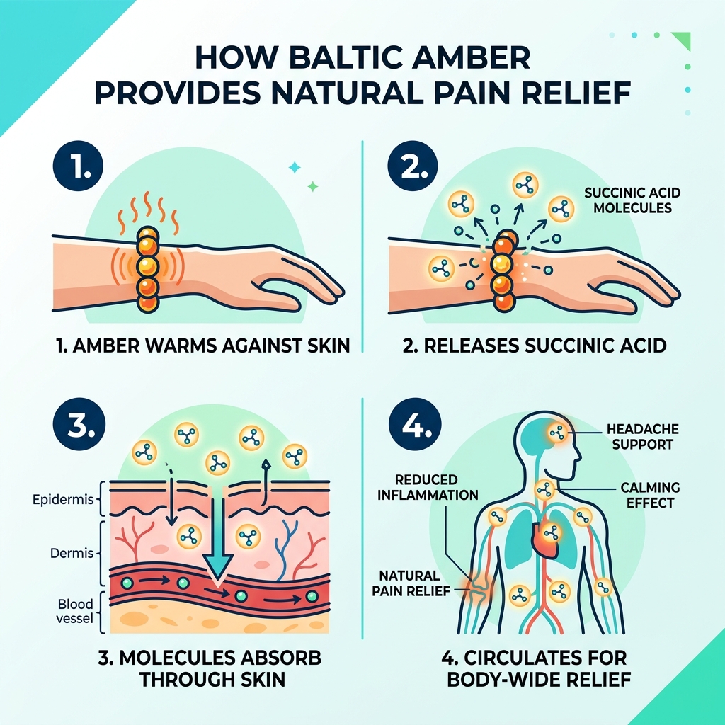 Infographic showing how succinic acid in Baltic amber is absorbed through skin for natural pain relief - adult teething Infographic showing how succinic acid in Baltic amber is absorbed through skin for natural pain relief - adult teething