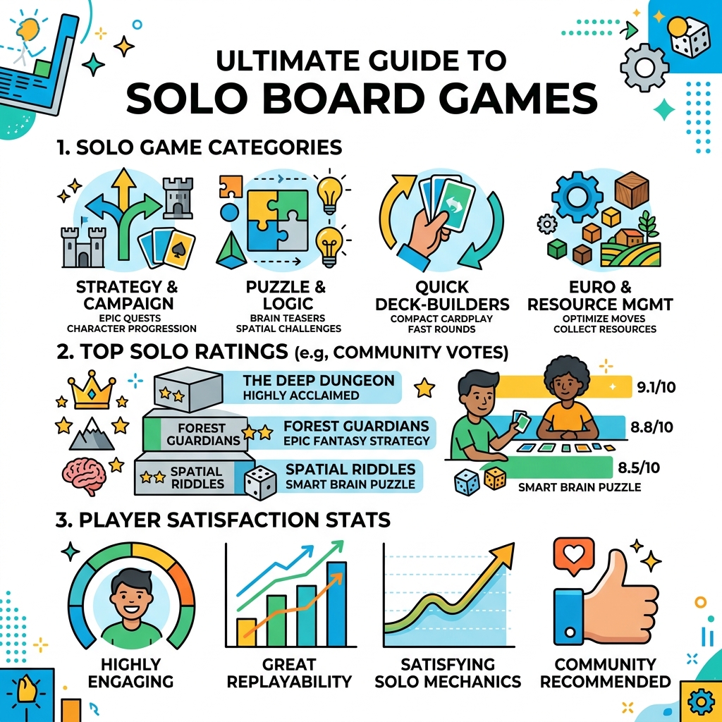 Infographic showing solo board game categories, top ratings, and player satisfaction stats - board games for one player Infographic showing solo board game categories, top ratings, and player satisfaction stats - board games for one player