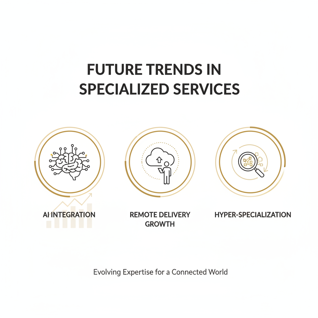 Infographic showing future trends in specialized services, such as AI integration, remote delivery growth, and hyper-specialization - specialized services infographic